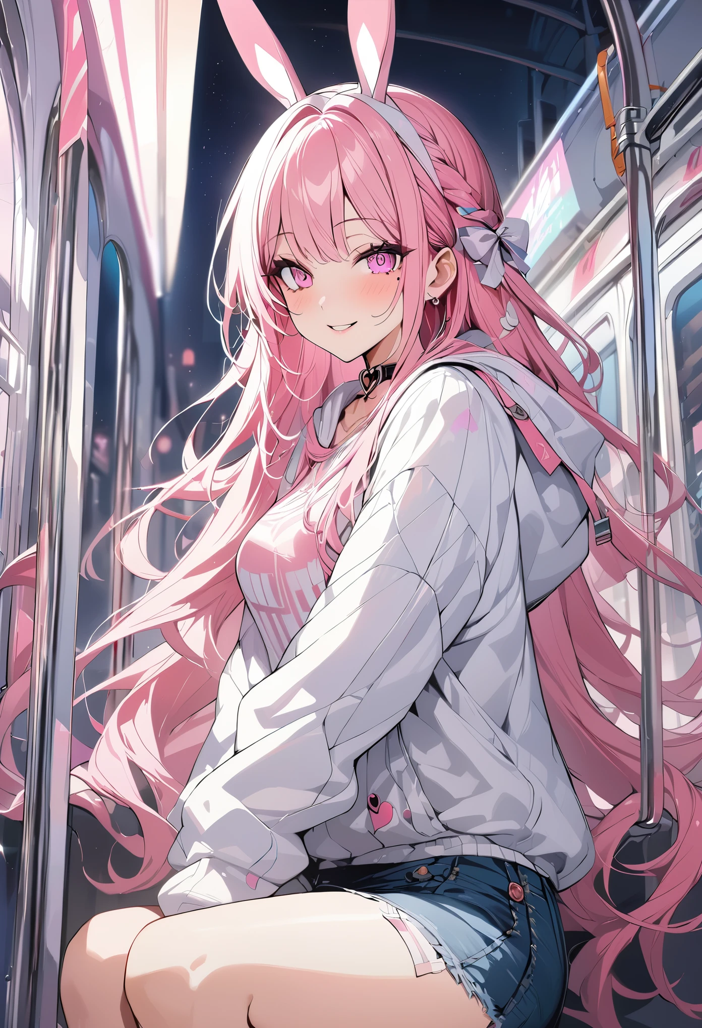 1 girl, pink long hair, heart shaped eyes,Bunny ears, {Pink semi-long hairの女の子、 The name Nami}, (Pink eye color), {night、After work、train、white hooded shirt、denim mini skirt、back}, (smile), station、train , mole under eye, heart shaped choker, (masterpiece, highest quality), very detailed, highest quality, official art, beautiful and aesthetic: 1.2), (1 girl), very detailed, (geometry art: 1.3), colorful, most detailed ?d1 girl, Pink semi-long hair, Eye of the symbol, {A girl with long pink bun hair The name Nami}, (Pink eye color), mole under eye, heart shaped choker, (masterpiece, highest quality), official art, beautiful and aesthetic: 1.2), (1 girl), very detailed, (geometry art: 1.3), colorful