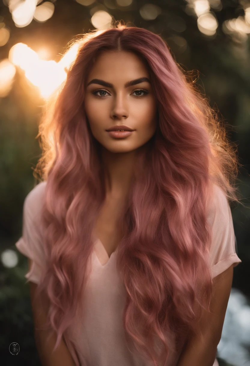 A photorealistic portrait of a 21-year-old colombian girl with long, flowing pink hair and striking dark eyes. She should have a natural, approachable expression and be illuminated by soft, golden-hour sunlight. The background should be a scenic outdoor setting, perhaps a sunlit park or beach. Capture this image with a high-resolution photograph using an 85mm lens for a flattering perspective.