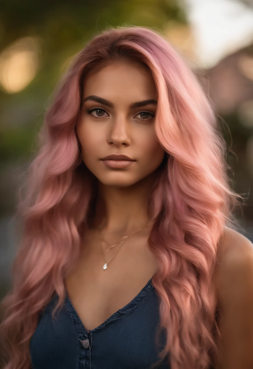 A photorealistic portrait of a 21-year-old colombian girl with long, flowing pink hair and striking dark eyes. She should have a natural, approachable expression and be illuminated by soft, golden-hour sunlight. The background should be a scenic outdoor setting, perhaps a sunlit park or beach. Capture this image with a high-resolution photograph using an 85mm lens for a flattering perspective.