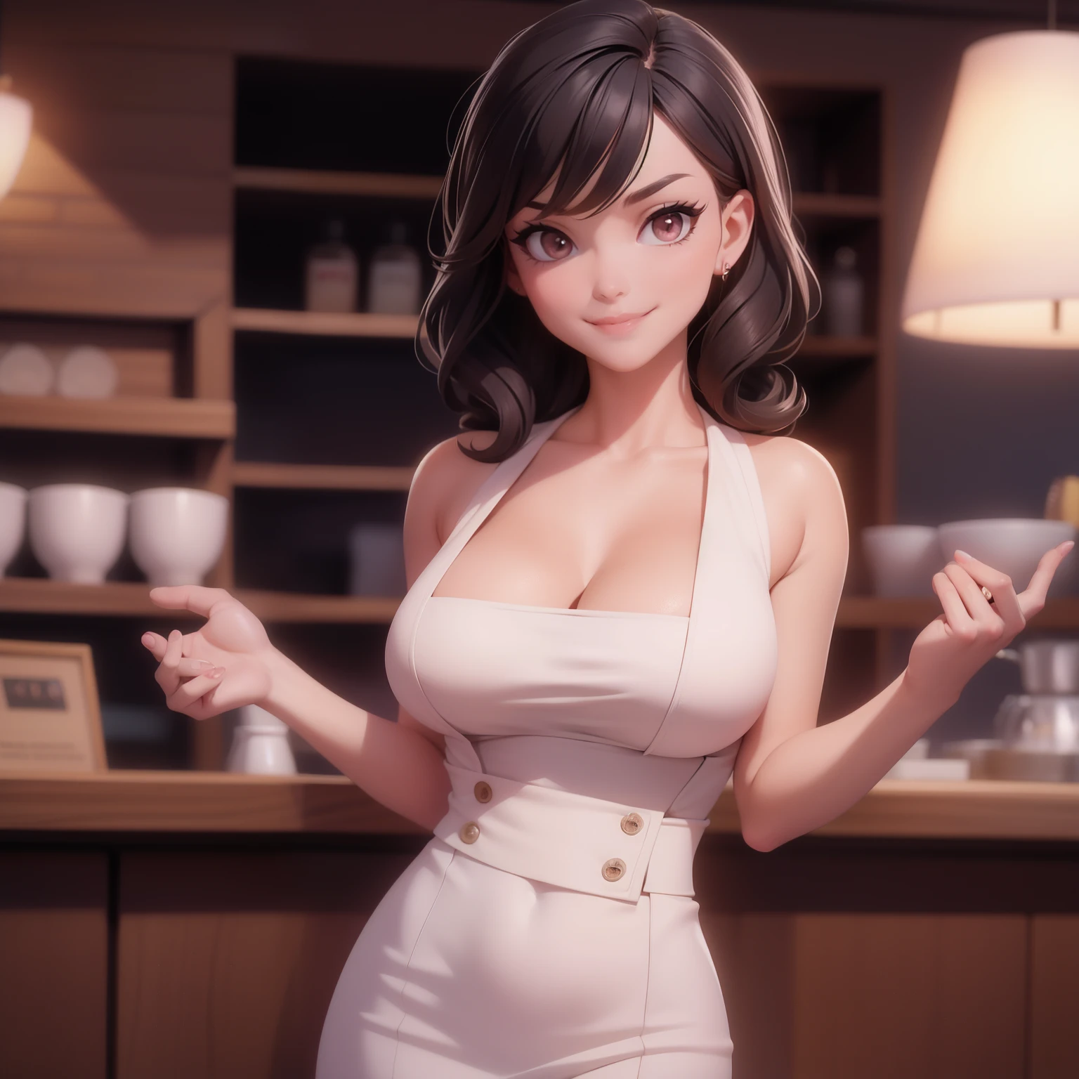 "Enchanting barista with a seductive smile and seductive gaze, captivating viewers with her natural beauty and amazing body."