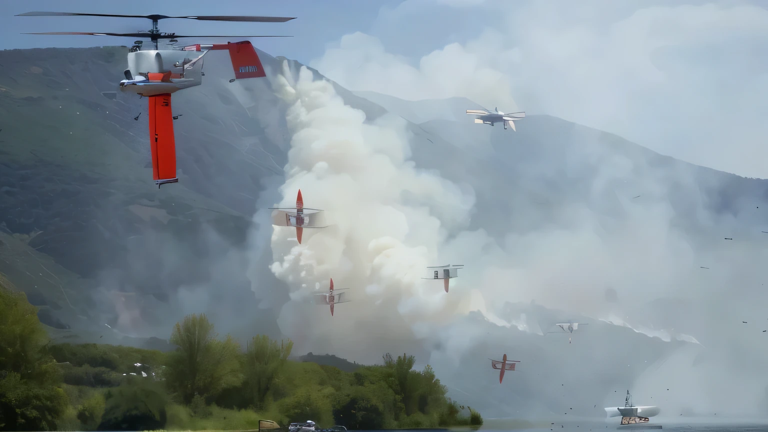 there are many planes flying in the air with Rauch coming out of them, Feuers in background, Helicopters throw extinguishing water on fire, numerous Feuers, Drohnen in the sky, Drohnen, Feuer, fliegende Einsatzfahrzeuge, Rauch, flying Drohnen, Rendern, helicopter Drohnen, Feuers, konzeptionell, von Matteo Pérez, uav, Air support, pyromallis, Hubschrauber in Landezone auf Wasser gelandet,