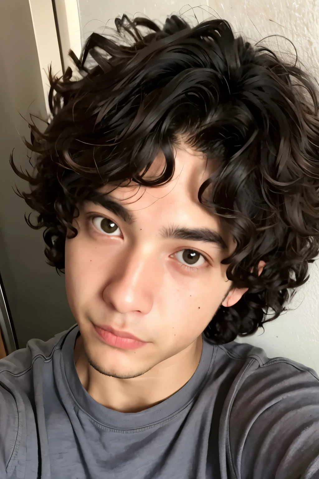 a close up of a young man with a curly haircut, headshot profile picture, finn wolfhard, he has short curly brown hair, curly middle part haircut, yuya nagai, halfbody headshot, macoto takahashi, (dark shorter curly hair), curly and short top hair, messy curly hair, 21 - year - old boy thin face