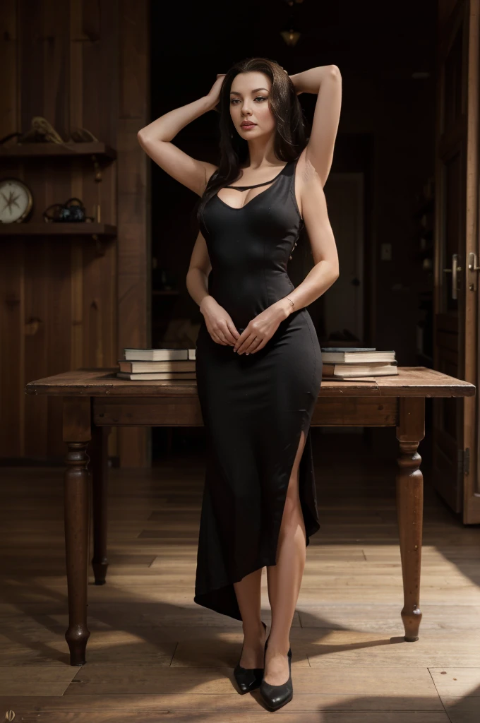 (8k, 4k, masterpiece), beautiful pretty woman, (black sleeveless dress), witch, solo, 1girl, (one person), (one body), full figure in frame, standing, (morticia addams), (extraarms:1.2), (woman with four arms), (top hands behind head), (bottom hands on wooden table), (bottom hands holding book), (catherine zeta jones)