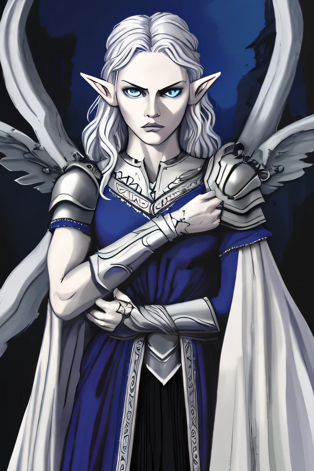 masterpiece, Best quality, A high resolution, 1 person, elf, courageous, very detailed illustration, A high resolution, high quality, masterpiece, Ultra detailed, (I look at the viewer), detailed background, Castle, Dark Mantle, frowning, Blue eyes, White hair, Silver hair, loose hair, hair braided into a ponytail, Pale skin. man, courageous