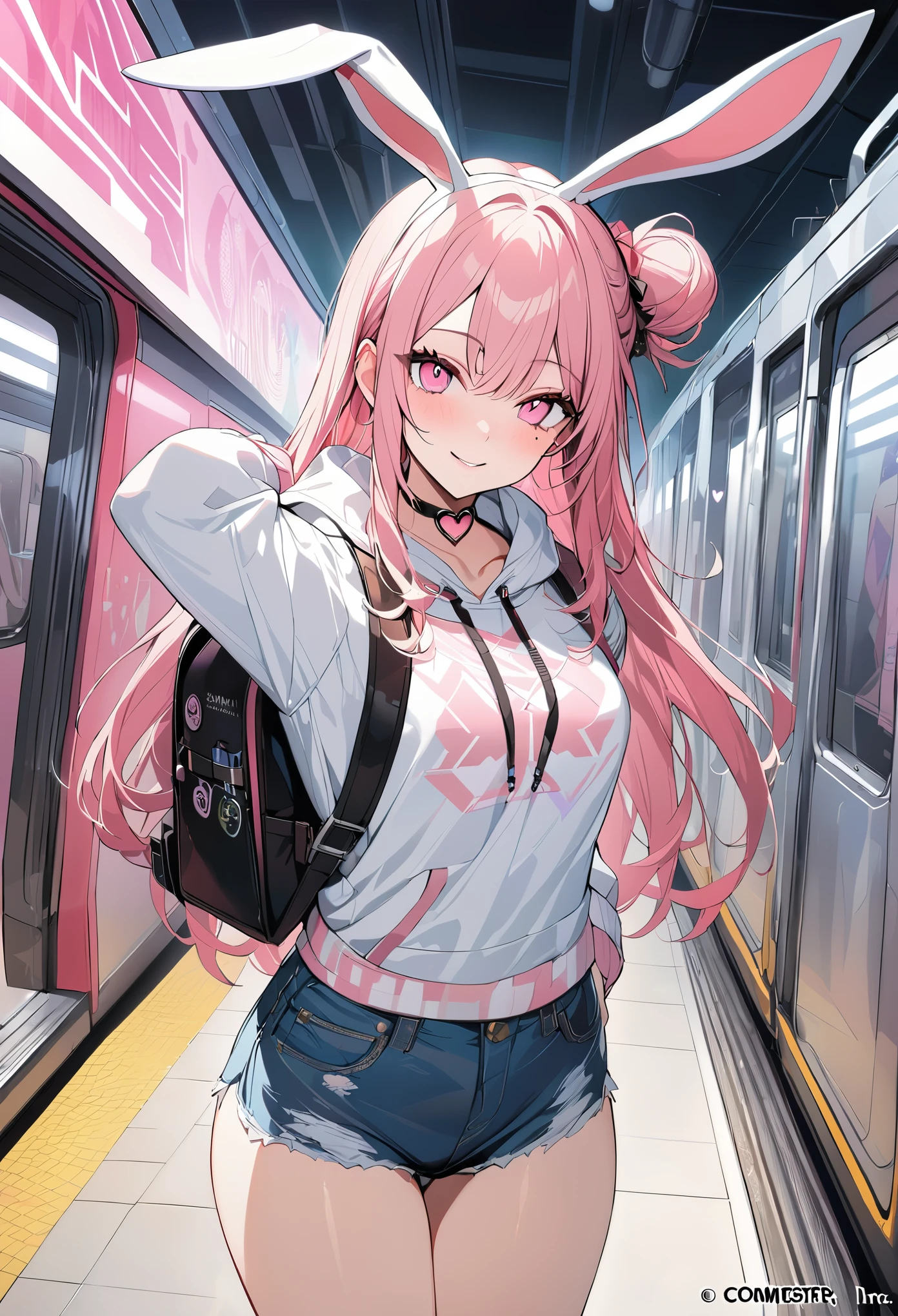 1 girl, pink long hair, heart shaped eyes,Bunny ears, {Pink semi-long hairの女の子、 The name Nami}, (Pink eye color), {night、After work、train、white hooded shirt、denim mini skirt、rucksack}, (smile), station、train , mole under eye, heart shaped choker, (masterpiece, highest quality), very detailed, highest quality, official art, beautiful and aesthetic: 1.2), (1 girl), very detailed, (geometry art: 1.3), colorful, most detailed ?d1 girl, Pink semi-long hair, Eye of the symbol, {A girl with long pink bun hair The name Nami}, (Pink eye color), mole under eye, heart shaped choker, (masterpiece, highest quality), official art, beautiful and aesthetic: 1.2), (1 girl), very detailed, (geometry art: 1.3), colorful