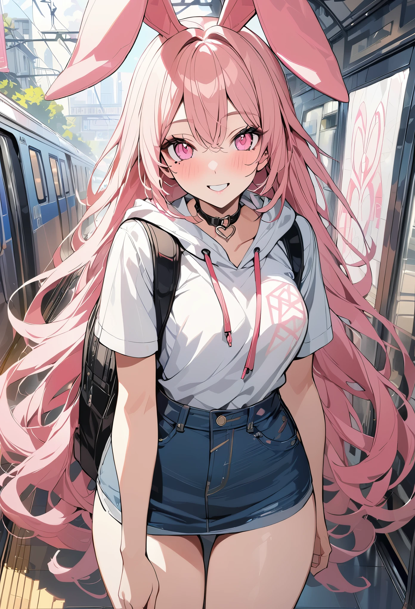 1 girl, pink long hair, heart shaped eyes,Bunny ears, {Pink semi-long hairの女の子、 The name Nami}, (Pink eye color), {night、After work、train、white hooded shirt、denim mini skirt、rucksack}, (smile), station、train , mole under eye, heart shaped choker, (masterpiece, highest quality), very detailed, highest quality, official art, beautiful and aesthetic: 1.2), (1 girl), very detailed, (geometry art: 1.3), colorful, most detailed ?d1 girl, Pink semi-long hair, Eye of the symbol, {A girl with long pink bun hair The name Nami}, (Pink eye color), mole under eye, heart shaped choker, (masterpiece, highest quality), official art, beautiful and aesthetic: 1.2), (1 girl), very detailed, (geometry art: 1.3), colorful