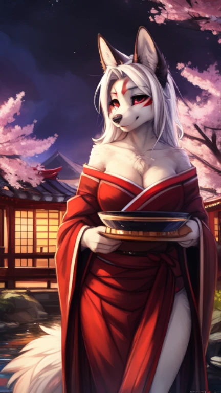 by kenket, Ross Tran, ruan jia, zaush, foxovh, by Zackary911, by hyattlen, by teranen, by fumiko, by Pixelsketcher, by fluff-kevlar, bye r-mk, by Dimwitdog, Furry, Anthro, (geisha), luxurious off-shoulder kimono, female white fox with red markings, kemono, large breasts, long (elegant) white hair, hourglass body, revealing outfit, seductive, alluring eyes, looking at viewer, red markings on body, white fur, traditional japanese, magic fantasy, (mature), milf, tall, curvy, outdoors, cherry blossoms, nighttime,