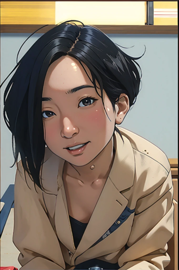 Risa, black haired japanese girl, short black hair, sitting in classroom in uniform , cute, beautiful, realistic style, highly detailed, 4k, look at camera, face close-up,  ((golden ratio, center frame)), (((RISA))), face in center of picture ((NUDE))