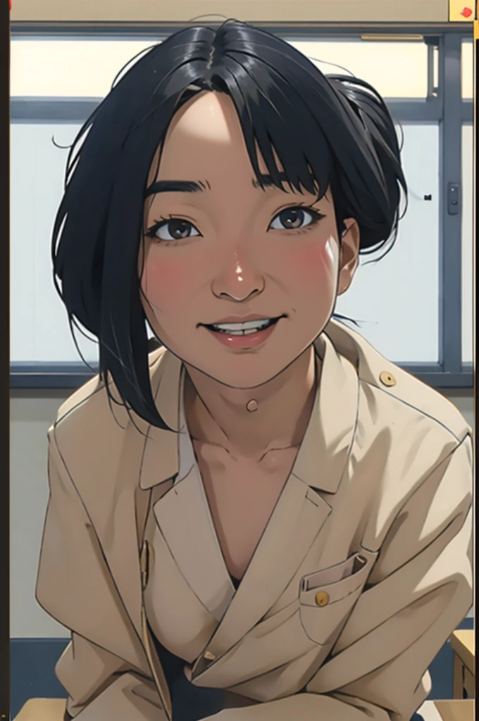 Risa, black haired japanese girl, short black hair, sitting in classroom in uniform , cute, beautiful, realistic style, highly detailed, 4k, look at camera, face close-up, ((golden ratio, center frame)), (((RISA))), face in center of picture ((NUDE)), (looking away from camera), laughhing