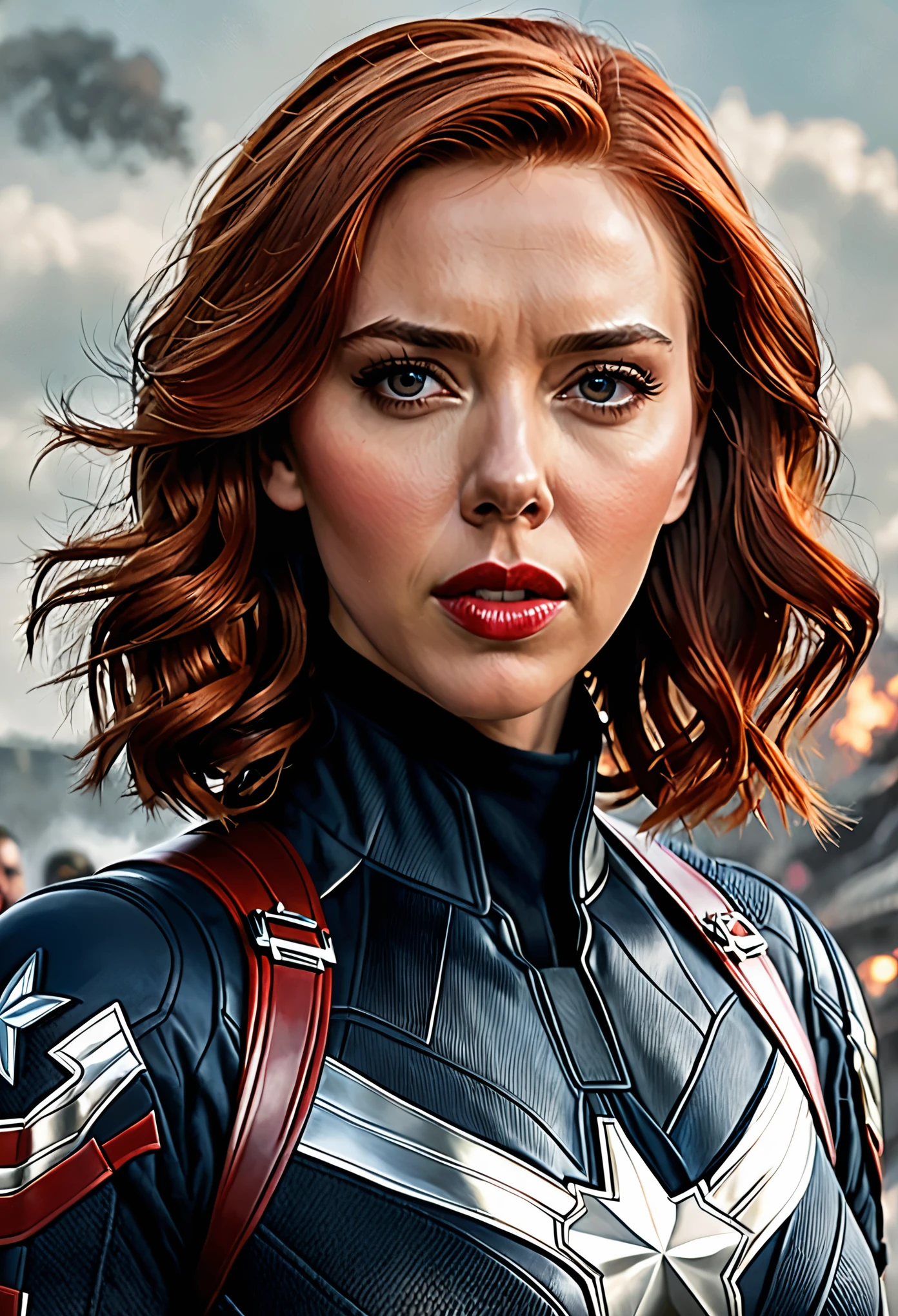 (obra de arte), (Melhor qualidade), (Fotorrealista:1.3), 8k, textura detalhada da pele, textura detalhada de pano, lindo rosto detalhado, detalhes intrincados, ultra detalhado, Scarlett Johansson, Black Widow in the style of Captain America, cabelo ruivo liso, (corpo inteiro:1.2)