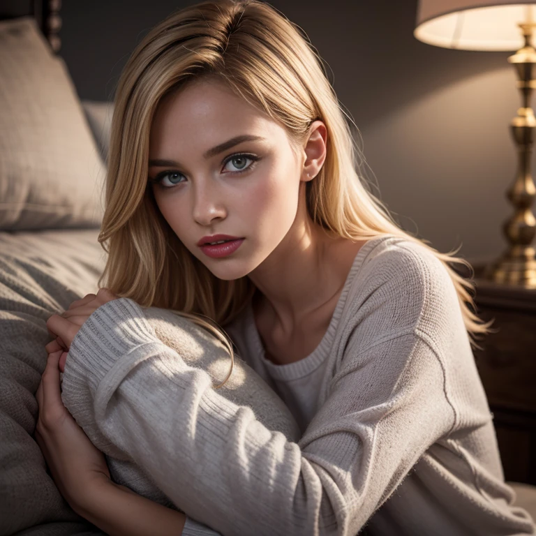 Une jeune et belle femme, cheveux blonds qui tombent doucement en vagues jusqu'on the shoulders, taille moyenne, grands yeux verts, Peau propre, Elle est en pyjama, elle est allongée dans son lit, l'environnement est illuminé par des lumières de couleurs chaudes et agréables faisant briller vos cheveux, votre visage est naturellement serein, lips with lipstick, Textures 8K, Very detailed, Realistic, Soft cinematic light, corps entier, pieds,