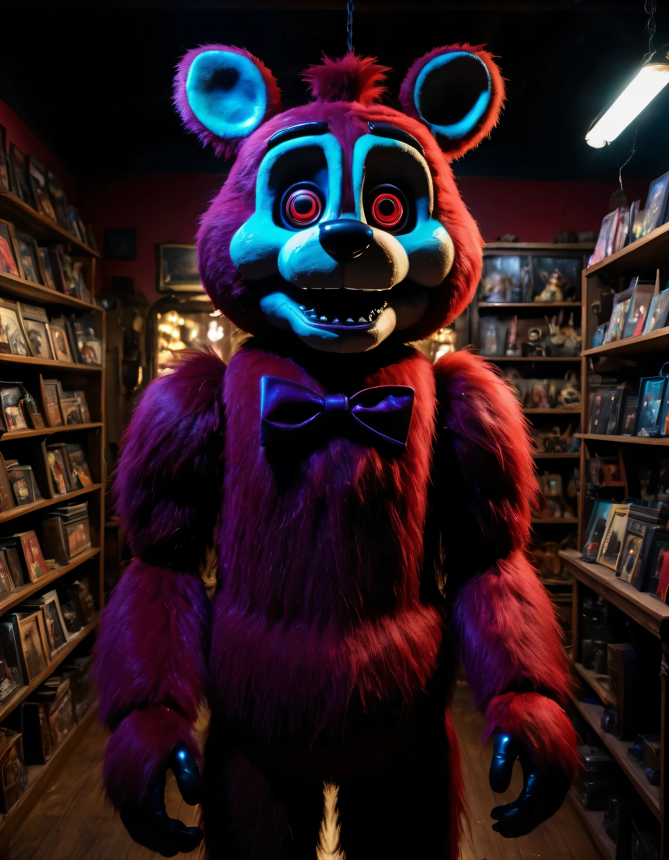 photo of an uncanny furry humanoid animatronic in a (dark-antique-store), standing horror, iridescent, ugly, fnaf vhs, (red), terrifying, animatronic, humanoid arms and head, (hair, furry), Subsurface-scattering dark-aesthetic) (detailed, high-quality, highres, 8k, high saturation)