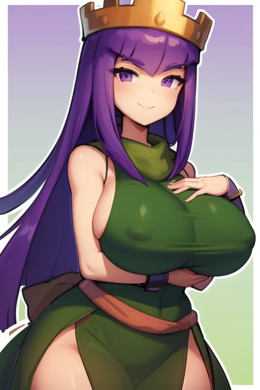 archer queen, green outfit, purple waist sash, hands on chest, smile, sleeveless, white outline, village, highly detailed, gigantic breasts, chest apart
 