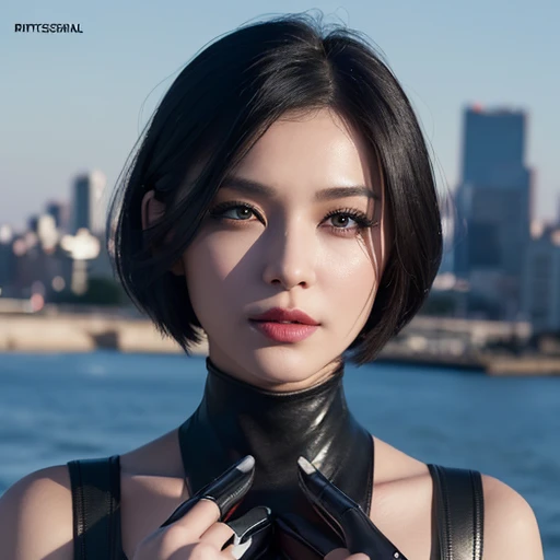 (((full medium shot))), (Masterpiece, photorealistic, photorealism, best quality, ultra-detailed:1.3), (nice hands, perfect hands), official art, cinematic light, (1girl:1.3), adult, android, black hair, short hair, bobbed hair, blue iris, lens eye, full lips, slight smile, sci-fi city in background, realistic concept art, absurd, ((black makeup)) 
