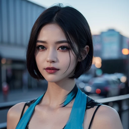 (((full medium shot))), (Masterpiece, photorealistic, photorealism, best quality, ultra-detailed:1.3), (nice hands, perfect hands), official art, cinematic light, (1girl:1.3), adult, android, black hair, short hair, bobbed hair, blue iris, lens eye, full lips, slight smile, sci-fi city in background, realistic concept art, absurd, ((black makeup)) 