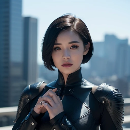 (((full medium shot))), (Masterpiece, photorealistic, photorealism, best quality, ultra-detailed:1.3), (nice hands, perfect hands), official art, cinematic light, (1girl:1.3), adult, android, black hair, short hair, bobbed hair, blue iris, lens eye, full lips, slight smile, sci-fi city in background, realistic concept art, absurd, ((black makeup))