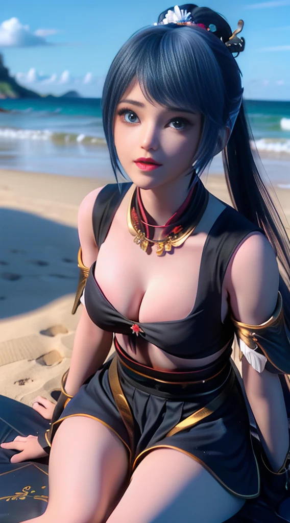 primitive,and its detailed CG unified 8K wallpaper,tmasterpiece,Works of masters,best qualtiy,Ultra-detailed details,Highest high resolution,(illustratio),Beach background by the sea,Kizi,are standing,posing on a,full bodyesbian,Exquisite facial features,Blue hair on the waist,dual horsetail,High ponytail,Split double ponytail,Double ponytail sway,hair adornments,adolable,sprout, huge breasts cleavage,Blue pupils,big and round eyes,Smart eyes,lipsticks,Blue summer dress,Cool,(Breast enlargement:C cup),best illuminate,Vivid and bright,softlighting,delicated,Very clear facial features,dynamic angle