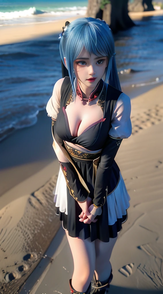 primitive,and its detailed CG unified 8K wallpaper,tmasterpiece,Works of masters,best qualtiy,Ultra-detailed details,Highest high resolution,(illustratio),Beach background by the sea,Kizi,are standing,posing on a,full bodyesbian,Exquisite facial features,Blue hair on the waist,dual horsetail,High ponytail,Split double ponytail,Double ponytail sway,hair adornments,adolable,sprout, huge breasts cleavage,Blue pupils,big and round eyes,Smart eyes,lipsticks,Blue summer dress,Cool,(Breast enlargement:C cup),best illuminate,Vivid and bright,softlighting,delicated,Very clear facial features,dynamic angle