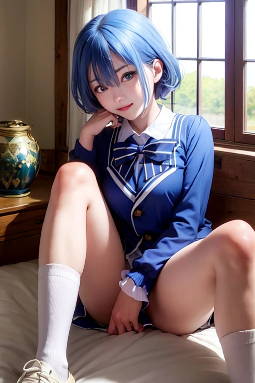 beautiful detailed girl, very detailed目と顔, detailed and beautiful eyes, That's ridiculous, incredibly ridiculous, huge file size, super detailed, High resolution, very detailed, highest quality, masterpiece, ((Japanese girls' high school uniform)), An illustration, very detailed, tk-char, Unite, 8k wallpaper, wonderful, finely, masterpiece, highest quality, very detailedティッカーユニフォーム 8K 壁紙, light shines on your face、movie lighting、 girl、((no panties))、((dynamic pose)))、、(sit with your knees bent and your legs crossed)),light blue hair、short hair、blue eyes、Againmu(Again:zero)