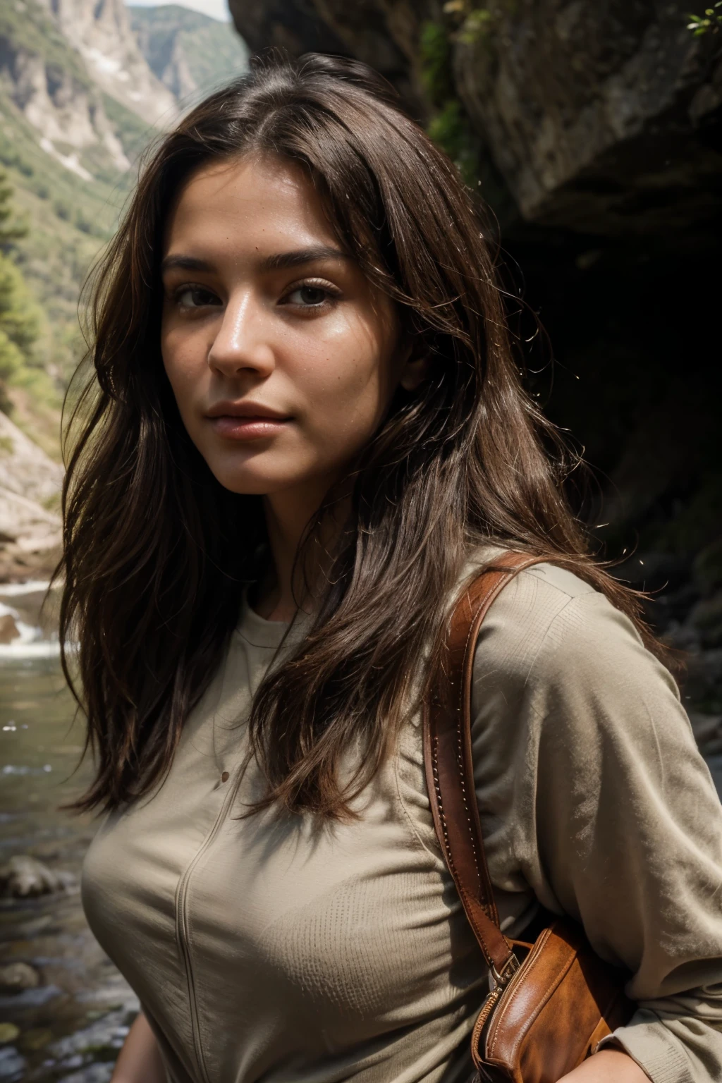 (Masterpiece, Top Quality, Best Quality, Beautiful and Aesthetic:1.2), Extremely Detailed, Photo of a woman, A dreamy gorge with steep rock faces and a clear mountain stream, tight, khaki-colored hiking outfit with functional bags and a rucksack, 18 years old, Perfect Body, Perfect rare face, (very detailed skin), black colored long hair, Skin texture, Sharp focus on rare face, Perfect brown eyes, (Photorealistic), real girl, Film grain, name Samira,