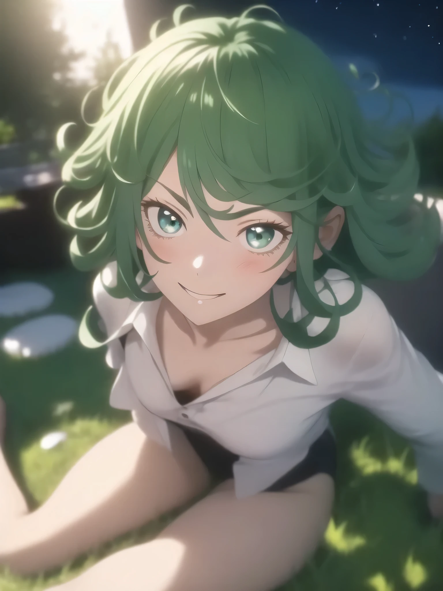 1 girl(1:2) 25 years old Space、masterpiece, highest quality, (delicate eyes and face) volume light, ray tracing, Highly detailed CG Unity 8K wallpaper、Tatsumaki、 between the eyes medium hair、green hair(1:2) Sitting on a chair, upper body, No expression, seductive pose,Beautiful crystal eyes(1:1)、eye、grin and laugh、The art style resembles an attractive anime style. About image quality, priority (highest quality, 4k, 8K, High resolution, body line１.2), Super detailed, and (realistic, realistic, Photoreal:1.37) ,yoga poses.Ultra-fine painting, sharp focus, Physically based rendering, extreme details, Professional, bright colors,A slightly see-through white shirt、plump thighs、spread your legs wide、Making up、Horror、night