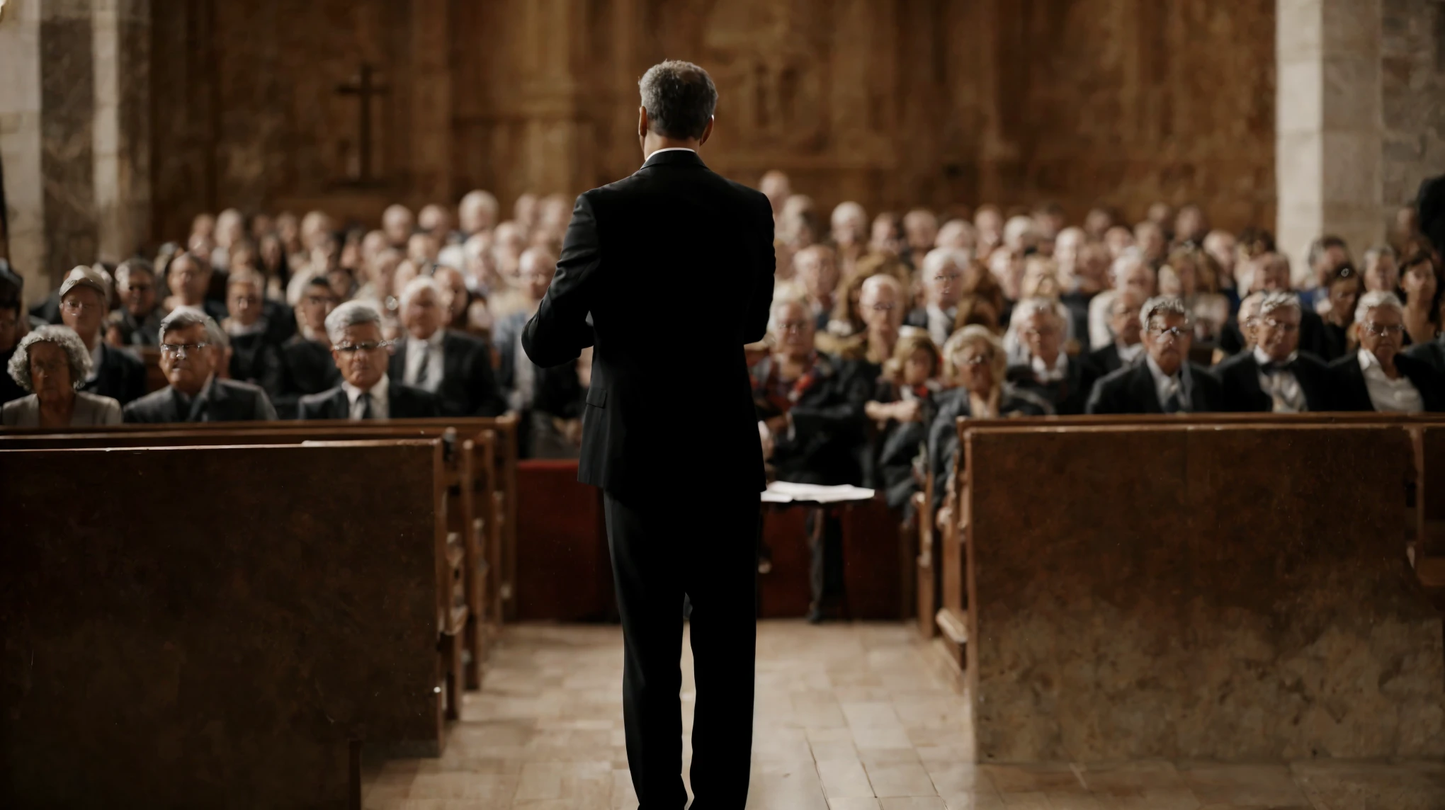 There's a man standing in front of a large crowd of people, giving a discurso, em um tribunal, discurso, na Igreja, facing to public, public in the background, parado em uma igreja, cena da igreja, cena do tribunal, in a large hall, public, fundo interessante, parado dentro de uma igreja, Foto, Em corte, pregando em uma cidade de fantasia