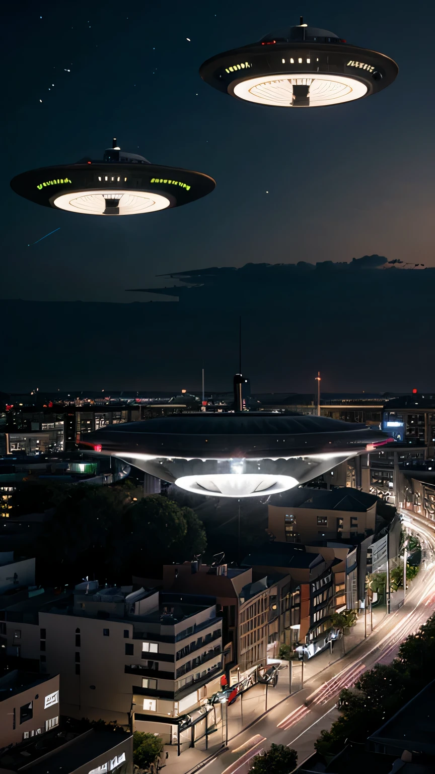 Make UFO images floating above urban areas