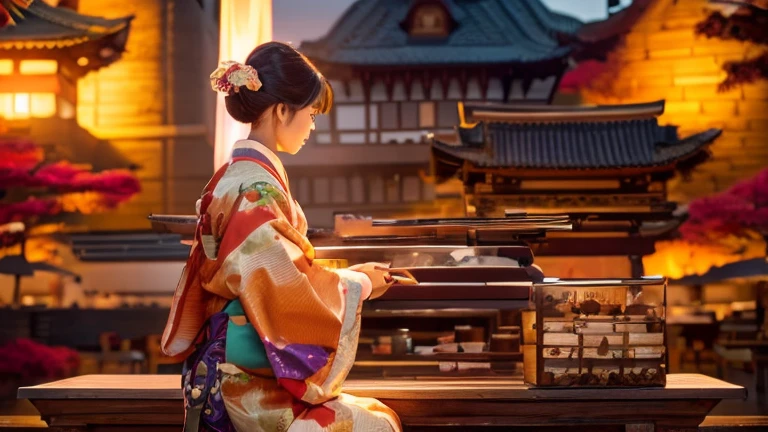 highest quality, table top, 超A high resolution, (realistic:1.4), Raw photo, one bewitching woman, 40 generations,Beautiful woman in a kimono with a crane pattern, big plans, looking at the viewer, castle town, length, hair ornaments,pretty pictures,Is beautiful,full body image,
