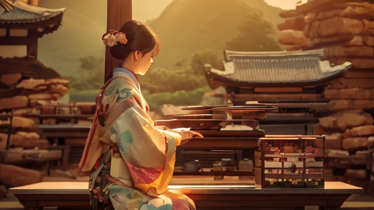 highest quality, table top, 超A high resolution, (realistic:1.4), Raw photo, one bewitching woman, 40 generations,Beautiful woman in a kimono with a crane pattern, big plans, looking at the viewer, castle town, length, hair ornaments,pretty pictures,Is beautiful,full body image,