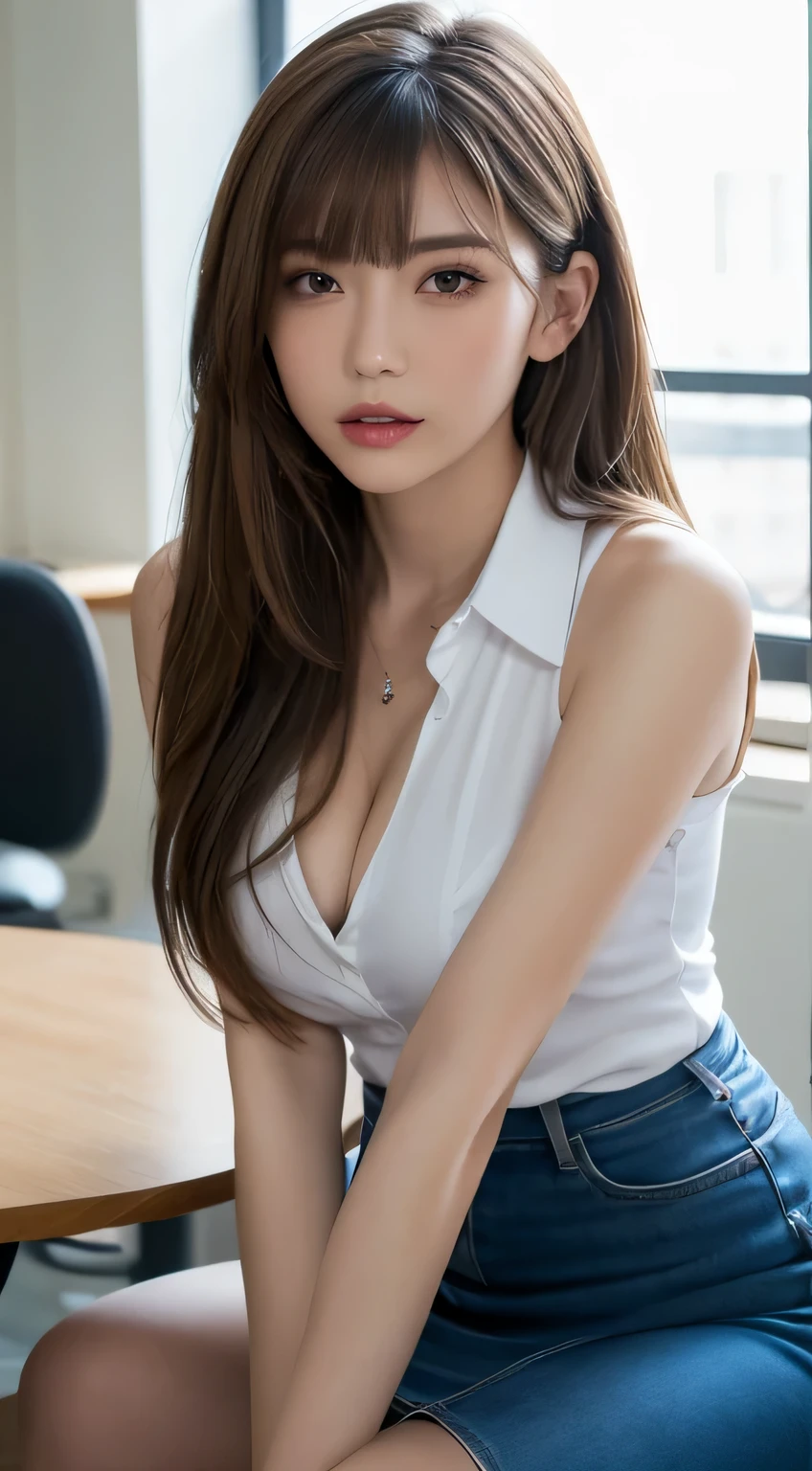 (highest quality, In 8K, table top, ultra hd: 1.3), 1 girl, medium chest, light brown hair, dull bangs, hair behind the ear, hair on shoulders, long hair, slender body shape, Extra-fine face, delicate lips, beautiful eyes, double eyelid, lipstick,cleavage,inviting gaze, ultra thin hands, extra thin fingers, collared shirt, Tight Skirt , beautiful feet ,pumps.office