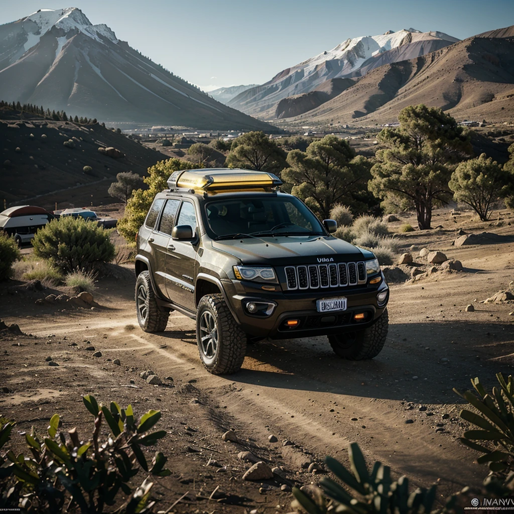 Jeep Grand Cherokee 1995, 4x4, offroad accesories, led lamp, side view, offroad style, camping style, opened roof tent, yellow pearl body, glass windows, metallic reflections, mountains in Tenerife overlooking the ocean, sunny day, lights reflection on the body, masterpiece, ultra realistic, realistic photography, ray tracing, Forza rendering, sharp focus, high contrast, side light