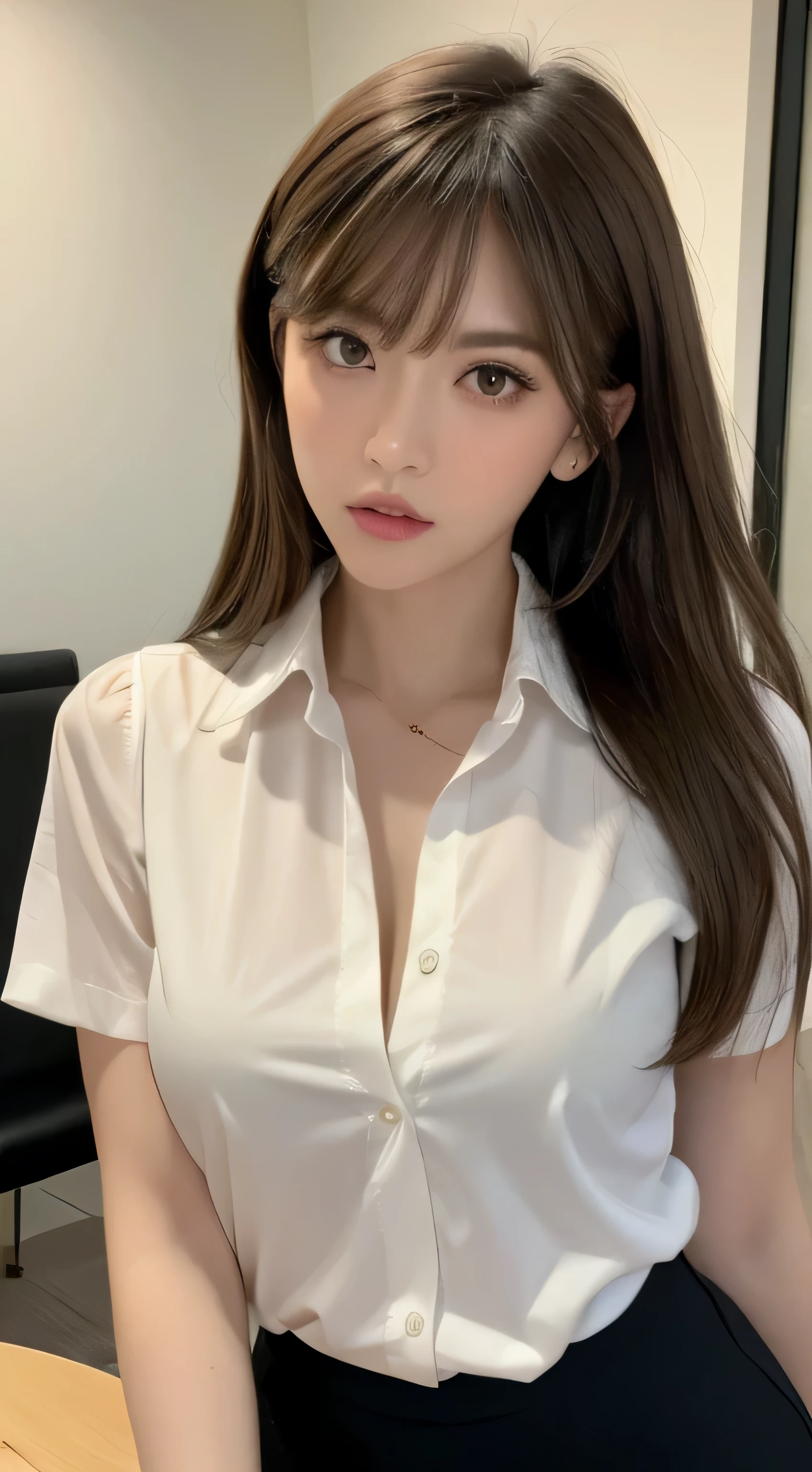 (highest quality, In 8K, table top, ultra hd: 1.3), 1 girl, medium chest, light brown hair, dull bangs, hair behind the ear, hair on shoulders, long hair, slender body shape, Extra-fine face, delicate lips, beautiful eyes, double eyelid, lipstick,cleavage,inviting gaze, ultra thin hands, extra thin fingers, collared shirt, Tight Skirt , beautiful feet ,pumps.office