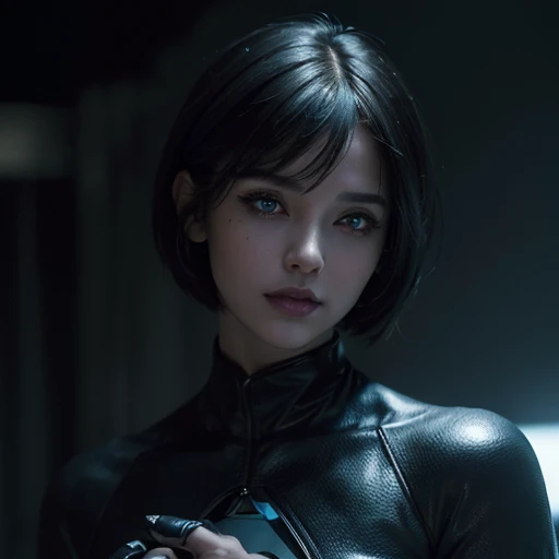 (((full medium shot))), (Masterpiece, photorealistic, photorealism, best quality, ultra-detailed:1.3), (nice hands, perfect hands), official art, cinematic light, (1girl:1.3), adult, android, black hair, short hair, bobbed hair, blue iris, lens eye, full lips, slight smile, sci-fi city in background, realistic concept art, absurd, ((black makeup))