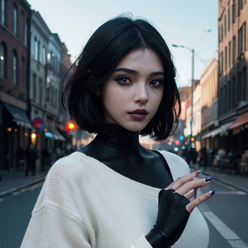 (((full medium shot))), (Masterpiece, photorealistic, photorealism, best quality, ultra-detailed:1.3), (nice hands, perfect hands), official art, cinematic light, (1girl:1.3), adult, android, black hair, short hair, bobbed hair, blue iris, lens eye, full lips, slight smile, sci-fi city in background, realistic concept art, absurd, ((black makeup))