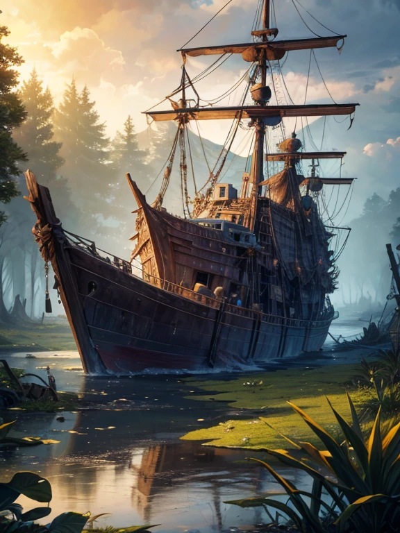 ship wrecked in the swamp, ultra quality, 16:9, Ultra HD, HDR, 8K, High-Detailed