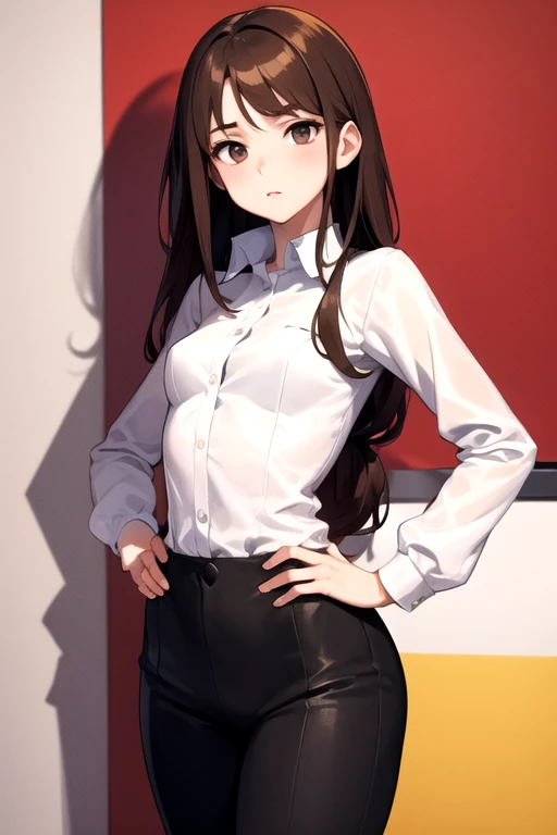 Small-breasted woman, with long brown hair, usando una camisa roja