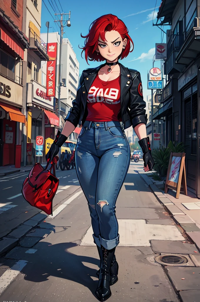 a Sukeban girl in the art style of persona5 and in the art style of street of rage 4, delinquent, (Sukeban), mature female, blush, mature, older woman, 26 years old, Sukeban teacher outfit, ((((1girl, solo female, solo, solo focus:1,9)))++++, choker, Sukeban teacher, Sukeban fighter, long sleeves, open jacket, blue jacket,( jeans)+++, light skin tone female, (full body)+++++, jacket, biker jacket, tape, arm support, gloves, red gloves, bridal gauntlets, nail polish, boots, black footwear, fighter outfit, (full body)+++++++, hourglass, mature face, cheeky smile, cheeky face, wrinkles, (((((red hair, short hair, earrings, ear piercings)))), red eye, fighting art, Martial arts, standing, fighting stance, fight, fighting), extra colors, 2D, megapixel, perfectionism, accent lighting, full HD , (Masterpiece:1.2), (full-body-shot:1),(cowboy shot:1.2), (Highly detailed:1.2),(anime Detailed Face:1.2), Colorful, A detailed eye, (Detailed landscape:1.2), (natural lighting:1.2), ((Sukeban school teacher)) by Vincent Di Fate: Aidyllery, Anamorphic Shot, rule of thirds, face by Artgerm and WLOP, ((street of rage 4 city backround)), fictive city backround in the style art of street of rage 4, gainax anime style, studio gainax art, studio gainax illustration, inspired by Masamune Shirow, studio gainax, by Masamune Shirow, beautiful charcter from evangelion, street of rage 4 art, street of rage 4 illustration,