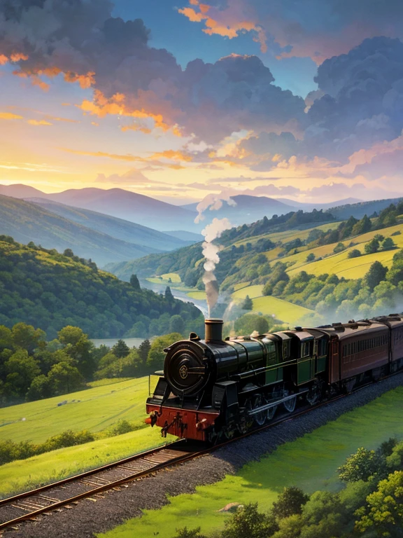 The scene is rendered in a muted yet vibrant watercolor style, capturing a vintage steam locomotive chugging across a viaduct amid rolling hills and forests. The train itself is depicted in rich shades of burgundy and black, belching plumes of smoke that curl into mottled clouds across the sky. The bridge arches stretch gracefully, supporting the passenger cars trailing behind the powerful engine.
The landscape surrounds evoke a sense of tranquil beauty, with soft greens and earthy tones blending seamlessly in the foothills and forested slopes that flank the railway line. The overall perspective provides an elevated vantage point, allowing the viewer to appreciate the grand scale and drama of this timeless scene of travel and adventure through nature's majestic terrain.