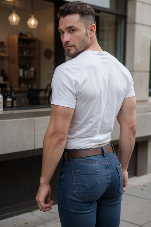 muscular manly man, 40 years old, full length, beard, turning to the camera, stone jeans. White shirt .Same model, backside