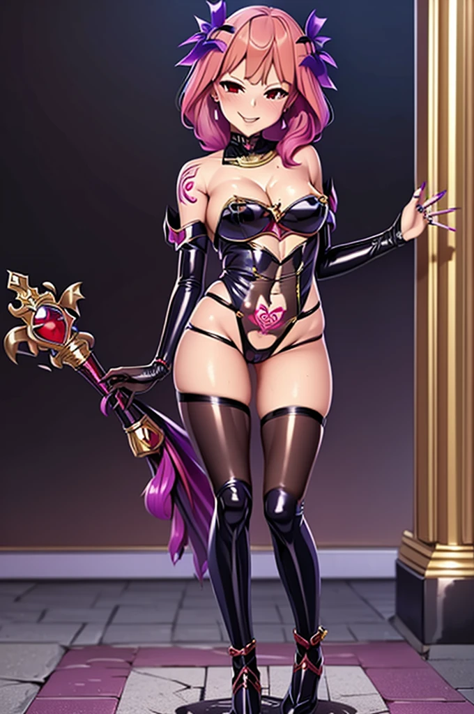 masterpiece, ultra-detailed, extra colors, 2D, megapixel, perfectionism, accent lighting, full HD , 4K, fire_emblem (style),witch (fire emblem), hentai(style), (evil witch celica_(fire_emblem) :1,7),1girl, standing, looking at viewer, can't be this cute, corruption, dark persona,(purple skin:1,5), colored skin, evil_queen, possession, bad end, smile, lips, eyelashes, pubic hair, innie , black lipstick, evil grin, big breasts, covered nipples visible through clothing, areolae, licking, piercing, voluptuous, pubic tattoo, dark aura, crotch_tattoo, collarbone, veins on body, orange hair, ((red demon eyes and black sclera)), weird hair, purple skin, purple nails, short hair, revealing clothes, cleavage, open toe shoes, thighhighs, panties, between , skin tight, black clothing, gradient background, alternate costume, curvy,Satou Kuuki art, Satou Kuuki style, Satou Kuuki illustration,
