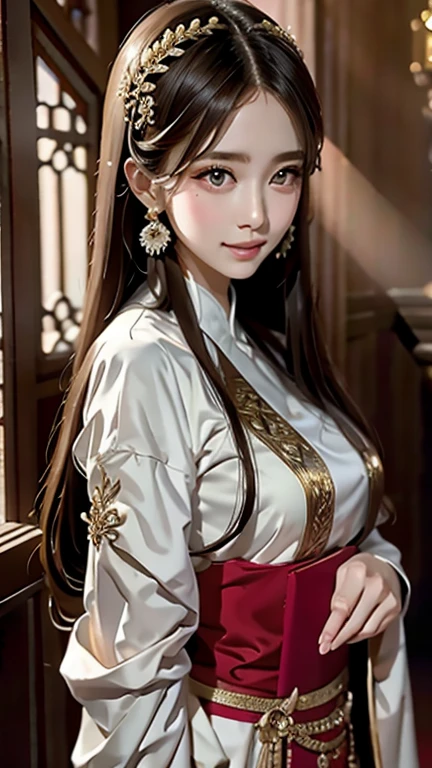 highest quality, masterpiece, ultra high resolution, realistic, (full shot:1.5), (1 girl),(long hair),(hair ornaments:1.4),There is an ancient palace next to the girl.,Chinese service, sharp focus, wonderful body, Random pose reference, Eyes with single eyelids, high pointed nose, V-shaped face, pale skin, smile, Bokeh