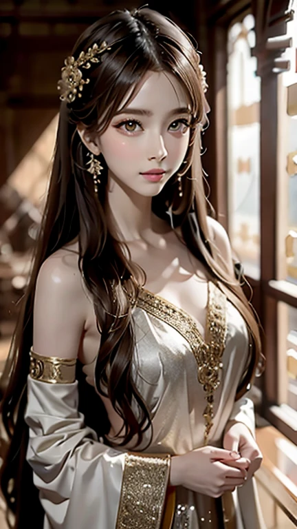 highest quality, masterpiece, ultra high resolution, realistic, (full shot:1.5), (1 girl),(long hair),(hair ornaments:1.4),There is an ancient palace next to the girl.,Chinese service, sharp focus, wonderful body, Random pose reference, Eyes with single eyelids, high pointed nose, V-shaped face, pale skin, smile, Bokeh