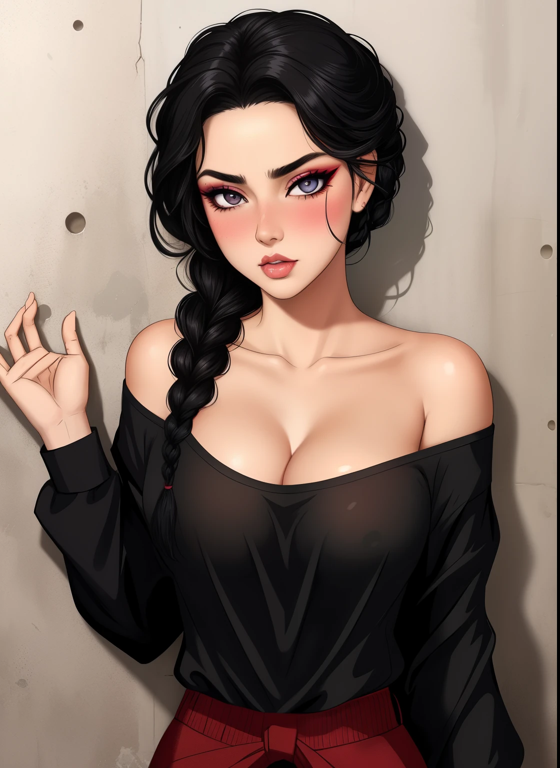 Sexy woman, black hair, single braid, seductive eyes, intense gaze, mouth parted, deep blush, flustered, lustful, beautiful face, amazing makeup, off shoulder t shirt, medium chest, cleavage, pinned against the wall 