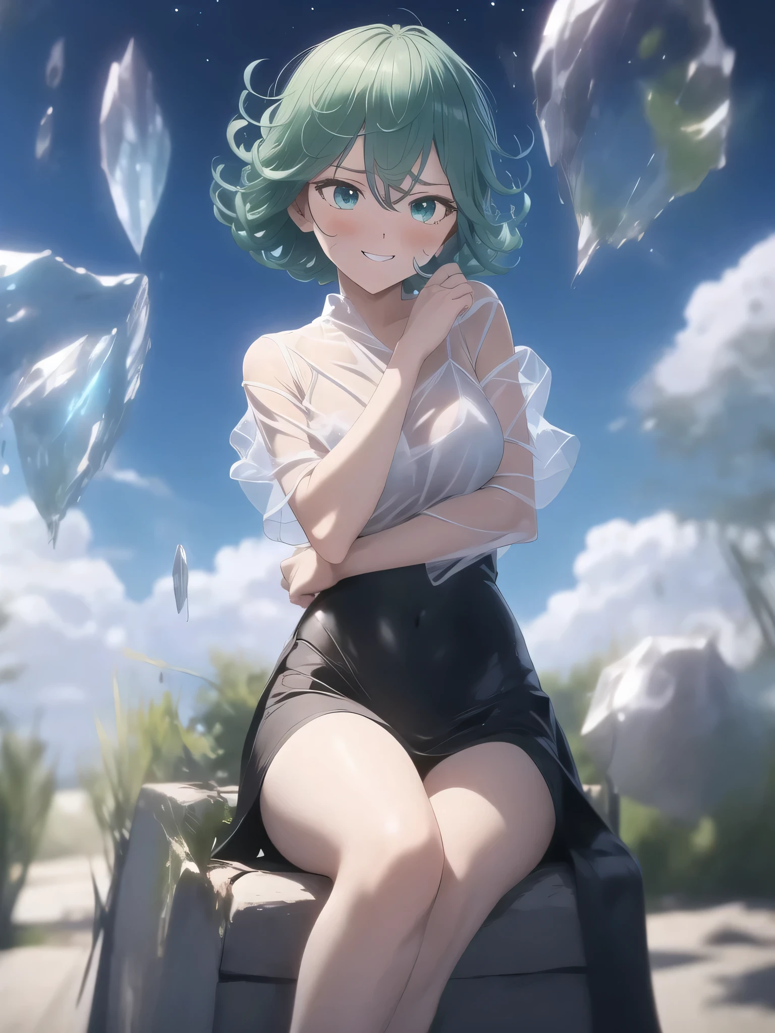 1 girl(1:2) 25 years old Space、masterpiece, highest quality, (delicate eyes and face) volume light, ray tracing, Highly detailed CG Unity 8K wallpaper、Tatsumaki、 between the eyes medium hair、green hair(1:2) Sitting on a chair, upper body, No expression, seductive pose,Beautiful crystal eyes(1:1)、eye、grin and laugh、The art style resembles an attractive anime style. About image quality, priority (highest quality, 4k, 8K, High resolution, body line１.2), Super detailed, and (realistic, realistic, Photoreal:1.37) ,yoga poses.Ultra-fine painting, sharp focus, Physically based rendering, extreme details, Professional, bright colors,Light blue theme、A slightly see-through white shirt、plump thighs、spread your legs wide、Making up、Horror、night