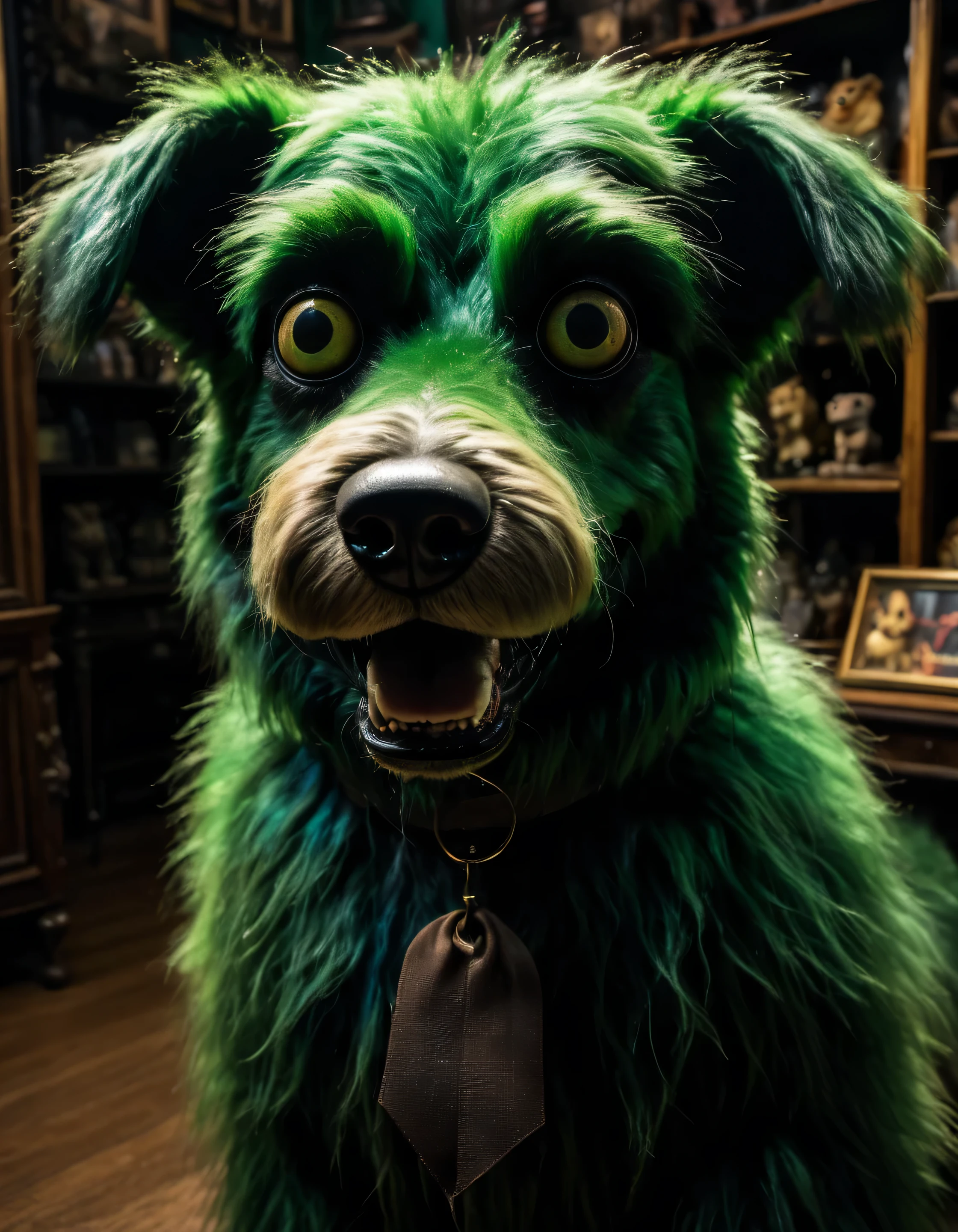 photo of a creepy (furry) humanoid animatronic dog in a (dark-antique-store), lunging horror, iridescent, ugly, fnaf vhs, (black|green), nefarious, menacing, terrifying, animatronic, humanoid arms and head, (hair, furry), Subsurface-scattering dark-aesthetic) (detailed, high-quality, highres, 8k, high saturation)