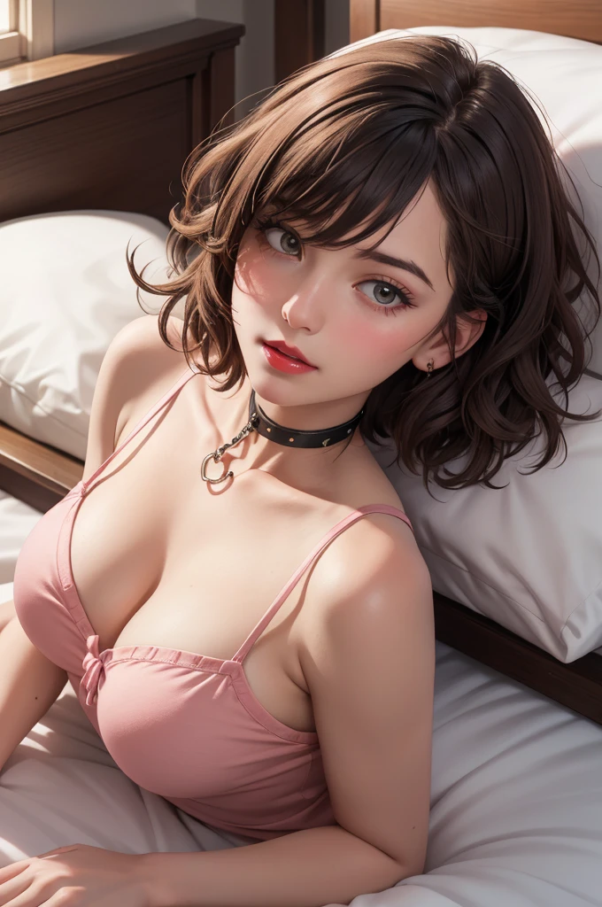 photograph,realistic, (Highly detailed CG Unity 8K wallpaper), (Super detailed), (mature woman:1.2),1 girl, masterpiece, highest quality,adult video actress、(full body:1.2)gentle and calm expression,seductive look,slightly open red lips、huge big tits, choker, bangs, ribbon, blush, thighs, short hair, hair above one eye, eyes visible through hair, wrist scrunchie, look down, detailed background, gap between buttons, blue bow, light brown hair,messy hair,Bedroom, lie on the bed,slave chain, slave collar、Sheer pink camisole