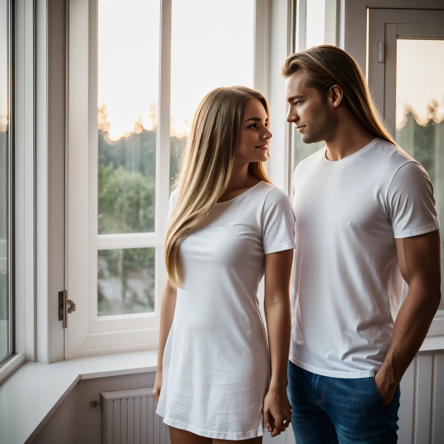 (best quality: 1.8,) realistic candid photo of a pretty young couple in love standing next to each other and looking at each other, (detailed eyes:1.10), of European appearance, (men of very strong build with black ultrashort hair, wearing a white T-shirt and jeans trousers:1.10)and (blonde girls with long hair, fragile build in a short thin dress:1.10), in front of the window at dusk, cinematic lighting, light from a lamp falls on them, 8 k