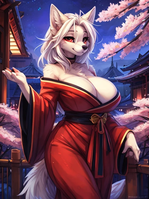 by kenket, Ross Tran, ruan jia, zaush, foxovh, by Zackary911, by hyattlen, by teranen, by fumiko, by Pixelsketcher, by fluff-kevlar, bye r-mk, by Dimwitdog, Furry, Anthro, (geisha), (luxurious off-shoulder kimono), female white fox with red markings, kemono, (huge breasts), long (elegant) white hair, hourglass body, revealing outfit, seductive, alluring eyes, looking at viewer, red markings on body, white fur, traditional japanese, magic fantasy, (mature), milf, tall, curvy, outdoors, cherry blossoms, nighttime, cleavage, tugging on own clothes, (thick hips),