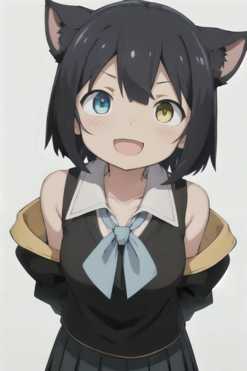 white background、Solid white background、blank background、arms behind back、black hair, black hair、gradation yellow hair、hide your hands、Upper body photographed from the front,(high quality, Breathtaking),(delicate eyes, perfect face)solo,Era: late 20s, Heterochromia - (yellow left eye、The left eye is yellow、light blue right eye、The right eye is light blue)、open your mouth without showing your teeth、Smile with mouth wide open、open your mouth wide、medium shoulder length hair, black long sleeve blazer clothes,black pleated skirt、