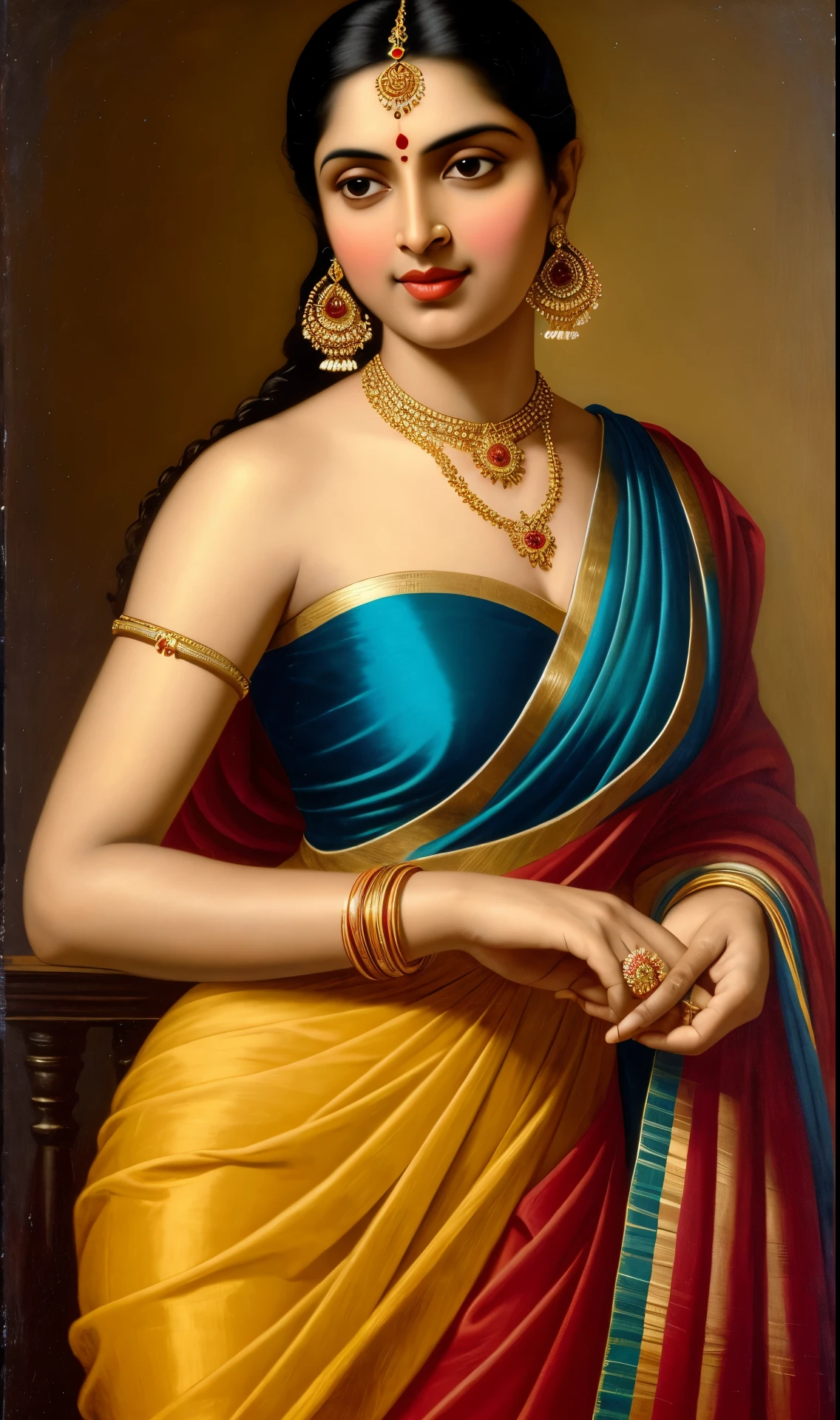 Masterpiece, painting of a woman in a blue dress with a red top and gold jewelry, inspired by Raja Ravi Varma, portrait of a beautiful goddess, by Raja Ravi Varma, a stunning portrait of a goddess, szukalski ravi varma, traditional beauty, indian goddess, beautiful goddess, portrait of modern darna, portrait of a goddess, goddess portrait, perfect body, proportional body, perfect body posture, masterpiece, Indian sensibility, exotic Indian art, 